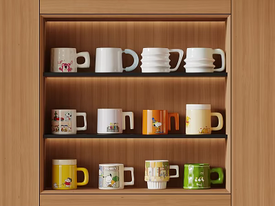 Colorful Ceramic Mugs Neatly Arranged on Wooden Shelf with Various Patterns 3d model