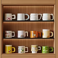 Colorful Ceramic Mugs Neatly Arranged on Wooden Shelf with Various Patterns