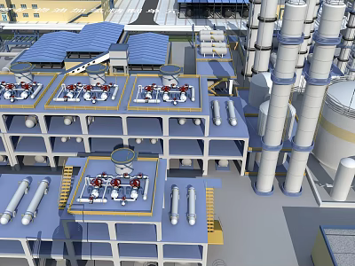 Industrial Factory Building Complex With Blue Roof Pipes Storage Tanks And Industrial Towers 3d model