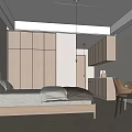 Modern Apartment Bedroom With Wooden Furniture Desk Chair Plant And Recessed Lighting