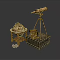 Vintage Globe With Wooden Stand Telescope On Tripod And Wooden Box With Paper