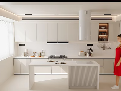 Modern White Kitchen Interior With Central Island And Appliances Under Natural Light 3d model