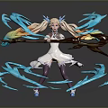 Anime Collectible Toy Figure Female Character With Twin Tails Blue Flames And Staff