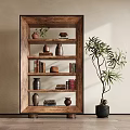 Wooden Shelving Unit with Clay Pots Books and Small Potted Plant Nearby