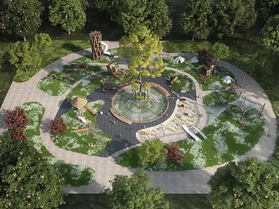 Scenic Playground With Central Fountain And Play Equipment Surrounded By Trees 3d model