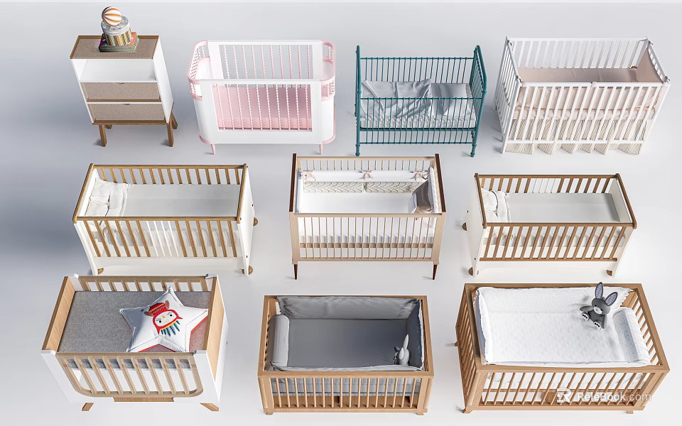 Diverse Baby Cribs in Multiple Colors and Styles with Wooden Frames and Nightstand 3d model 