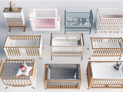 Diverse Baby Cribs in Multiple Colors and Styles with Wooden Frames and Nightstand 3d model