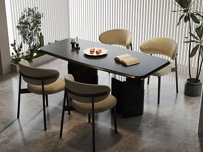 Modern Dining Table Set With Black Top Four Beige Chairs And Plants By Window Blinds 3d model