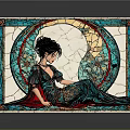 Art Nouveau Stained Glass Panel With Elegant Female Figure And Ornate Circular Patterns