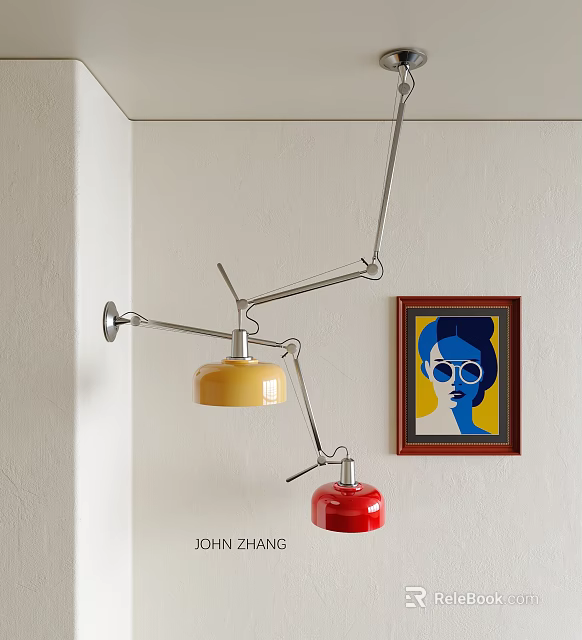 Modern Adjustable Arm Pendant Light With Yellow Red Shades And Framed Painting 3d model 