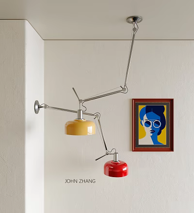 Modern Adjustable Arm Pendant Light With Yellow Red Shades And Framed Painting 3d model