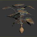 Artistic Sculptural Plant With Colorful Mosaic Pattern Leaves And Wooden Base