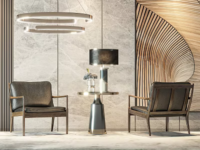 Modern Leather Accent Chairs With Side Table And Pendant Lighting In Decorative Marble Wall Interior 3d model
