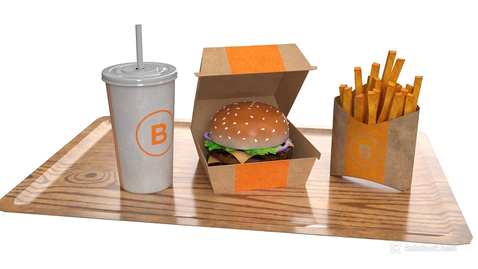 Tasty Hamburger Fries And Drink In Orange Brown Boxes On Wooden Tray With B Logo 3d model 