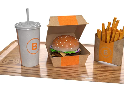 Tasty Hamburger Fries And Drink In Orange Brown Boxes On Wooden Tray With B Logo 3d model