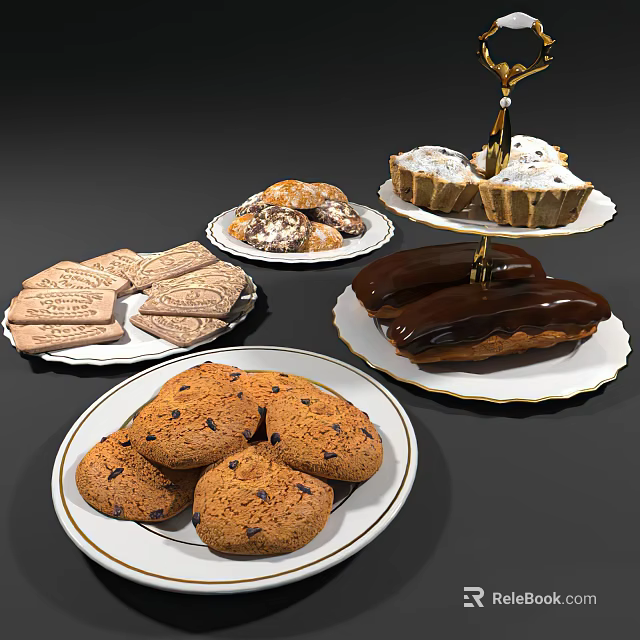 Delicious Assorted Desserts On White Plates Including Chocolate Chip Cookies Ladyfingers And Chocolate Eclairs 3d model 