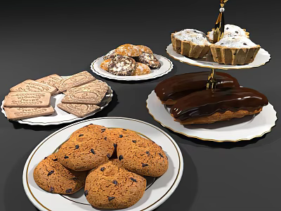Delicious Assorted Desserts On White Plates Including Chocolate Chip Cookies Ladyfingers And Chocolate Eclairs 3d model