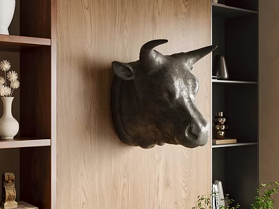 Stylish Bull Head Wall Decor On Wooden Wall With Shelves And Decorative Items 3d model