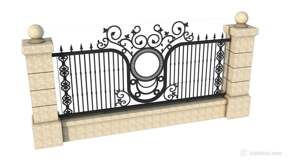 Building Exterior Decorative Iron Fence With Intricate Scrollwork Circular Motif And Stone Pillars 3d model 