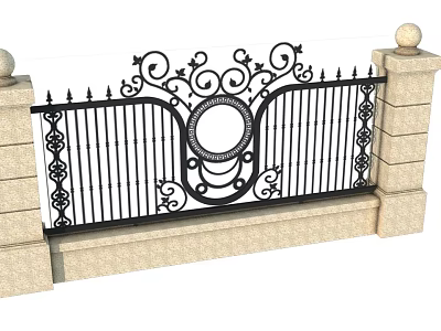 Building Exterior Decorative Iron Fence With Intricate Scrollwork Circular Motif And Stone Pillars 3d model