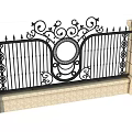Building Exterior Decorative Iron Fence With Intricate Scrollwork Circular Motif And Stone Pillars