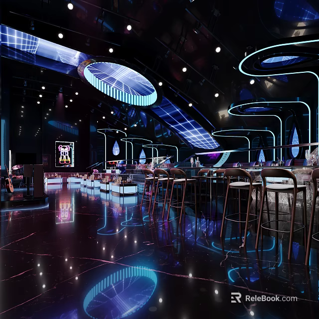 Modern Bar Interior Design with Purple Blue Lighting Reflective Floor and Bar Stools 3d model 