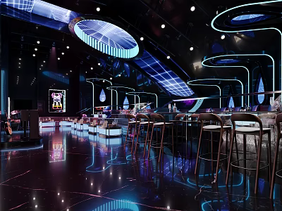 Modern Bar Interior Design with Purple Blue Lighting Reflective Floor and Bar Stools 3d model