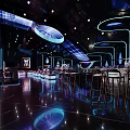 Modern Bar Interior Design with Purple Blue Lighting Reflective Floor and Bar Stools