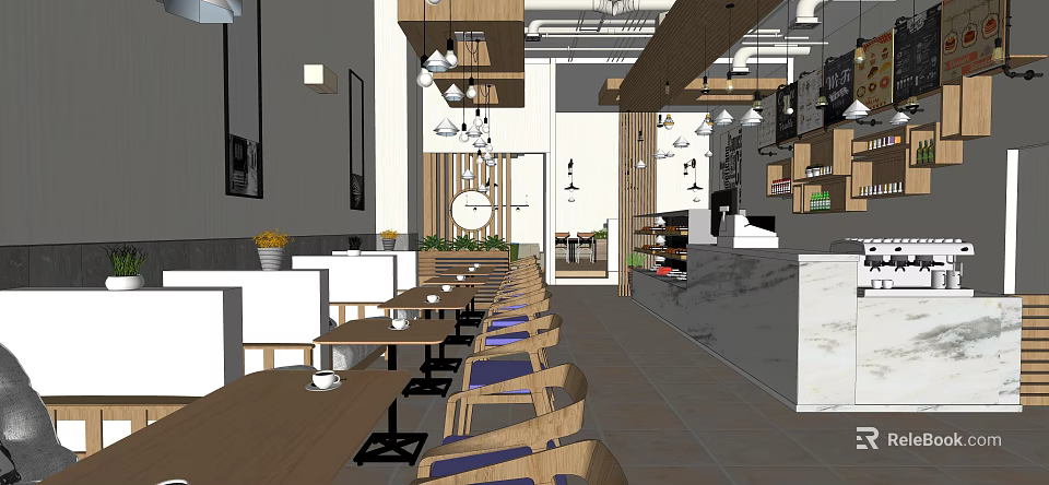 Modern Café Interior Design Featuring Wooden Tables Chairs And Hanging Lights 3d model 