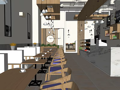 Modern Café Interior Design Featuring Wooden Tables Chairs And Hanging Lights 3d model