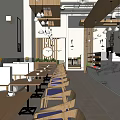 Modern Café Interior Design Featuring Wooden Tables Chairs And Hanging Lights