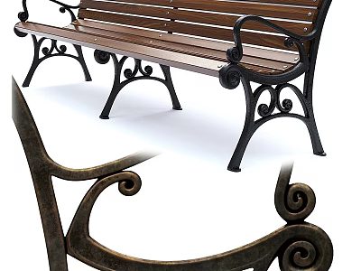Ground With Wooden Seat Bench And Black Metal Scroll Frame Design 3d model