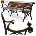 Ground With Wooden Seat Bench And Black Metal Scroll Frame Design