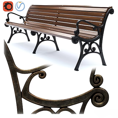 Ground With Wooden Seat Bench And Black Metal Scroll Frame Design 3d model