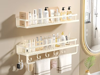 Bathroom Shelf Displaying Perfumes Cosmetics And Towels 3d model