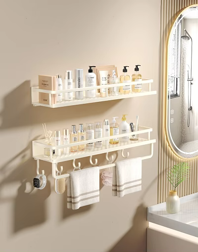Bathroom Shelf Displaying Perfumes Cosmetics And Towels 3d model