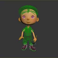 3D Cartoon Boy In Brown Cap White Shirt Overalls With Green Patch And Tool