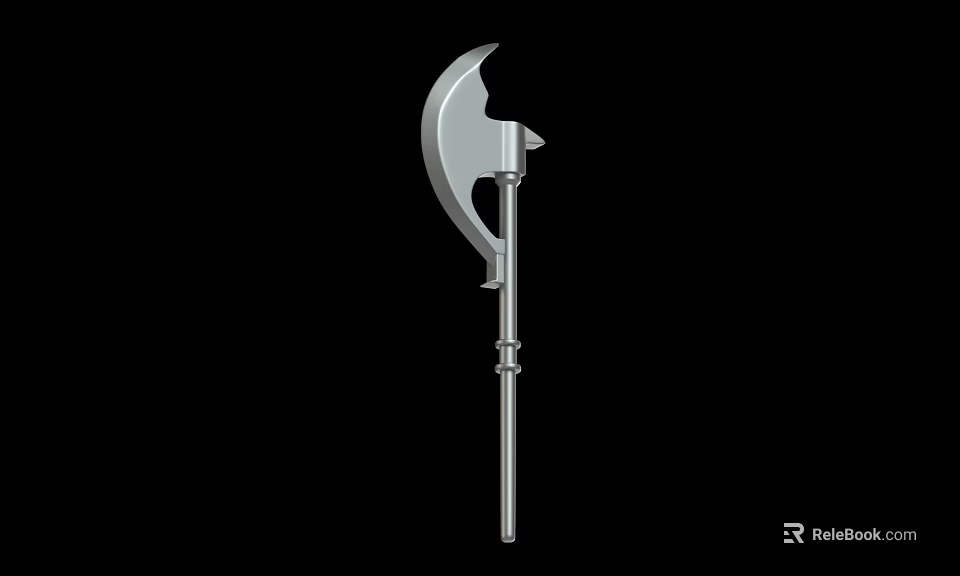 Silver Metal Battle Axe With Long Handle And Sharp Curved Blade Design 3d model
