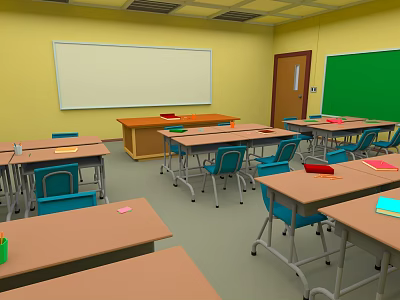 School Classroom With Yellow Walls White Whiteboard Green Greenboard Teacher's Desk Desks Chairs And Stationery 3d model