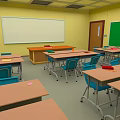School Classroom With Yellow Walls White Whiteboard Green Greenboard Teacher's Desk Desks Chairs And Stationery