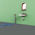 Wall Mounted Sink on Green Wall with Rusty Pipes and Blue Hose