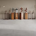 Decorative Ornament Set With Wooden Pedestals And Various Pavilion Figure Plant Sculptures Under Hanging Lanterns