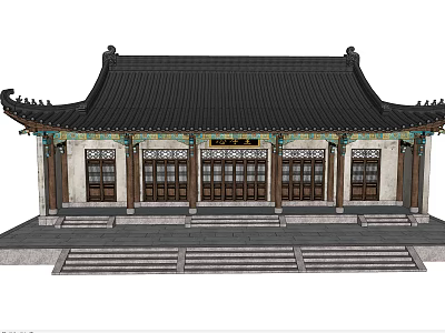 Traditional Chinese Architecture with Classic Curved Roof Overhanging Eaves And Carved Wooden Windows 3d model