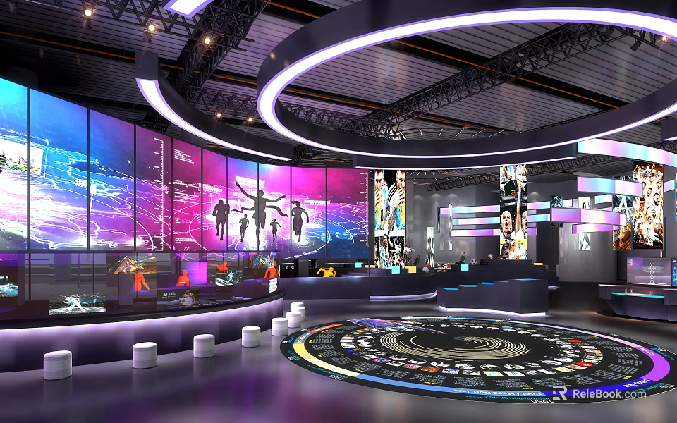 Modern Exhibition Hall With Large Colorful Screens Dancer Silhouettes Circular Lighting And White Seats 3d model 
