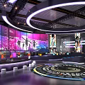 Modern Exhibition Hall With Large Colorful Screens Dancer Silhouettes Circular Lighting And White Seats