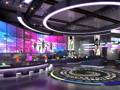 Modern Exhibition Hall With Large Colorful Screens Dancer Silhouettes Circular Lighting And White Seats 3d model
