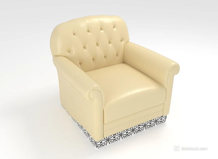 Beige Leather Armchair with Tufted Back Rolled Arms and Black White Patterned Skirt 3d model 