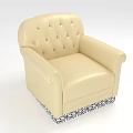 Beige Leather Armchair with Tufted Back Rolled Arms and Black White Patterned Skirt