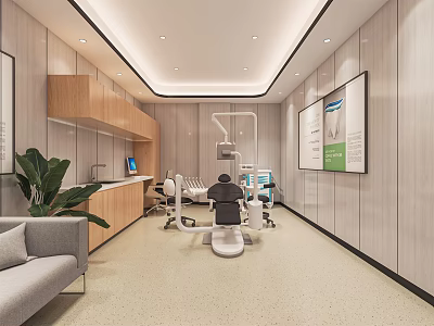 Modern Dental Clinic Interior With Treatment Chair Medical Equipment Wooden Cabinets And Wall Posters 3d model