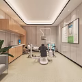 Modern Dental Clinic Interior With Treatment Chair Medical Equipment Wooden Cabinets And Wall Posters